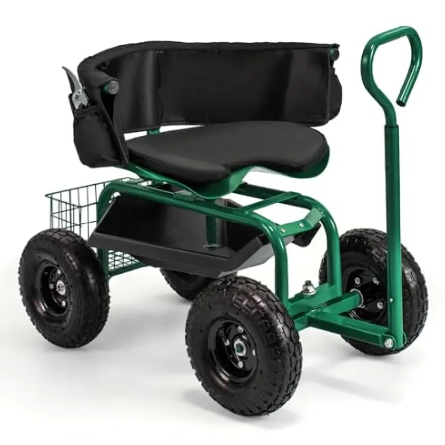 Garden Cart for outdoor use, steel frame, black, padded seat and all-terrain wheels for smooth maneuverability on uneven surfac