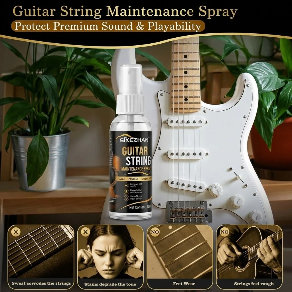 Guitar String Maintenance Set: 60ml Cleaner Lubricant Spray + Green Dual-sidedFretboard Scrubber + Microfiber Polishing Cloth