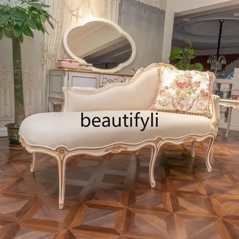 

A38 French solid wood gold painting elegant white carved fabric princess chair European style living room bedroom leisure