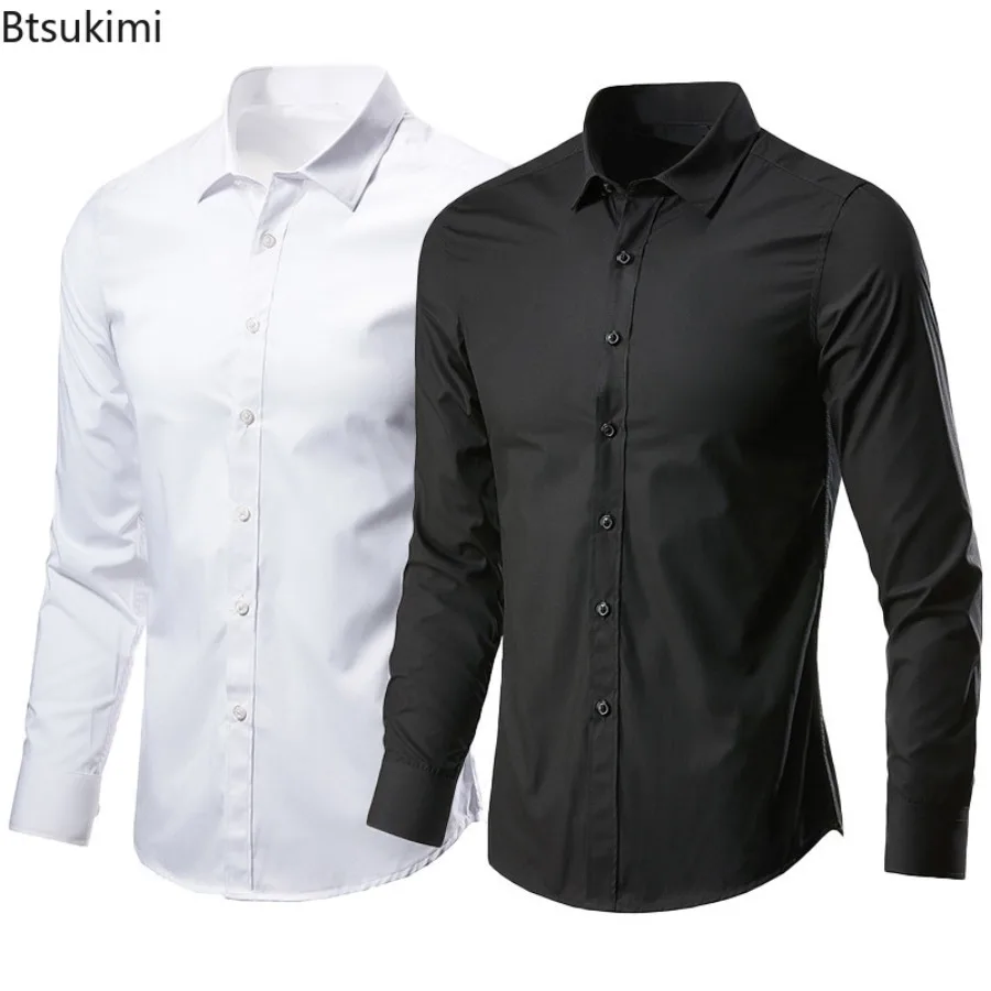 2024 Men's Dress Shirt Long Sleeve Non-iron Business Formal Clothes Fashion Solid Slim Casual Social Shirt Male Office Work Tops