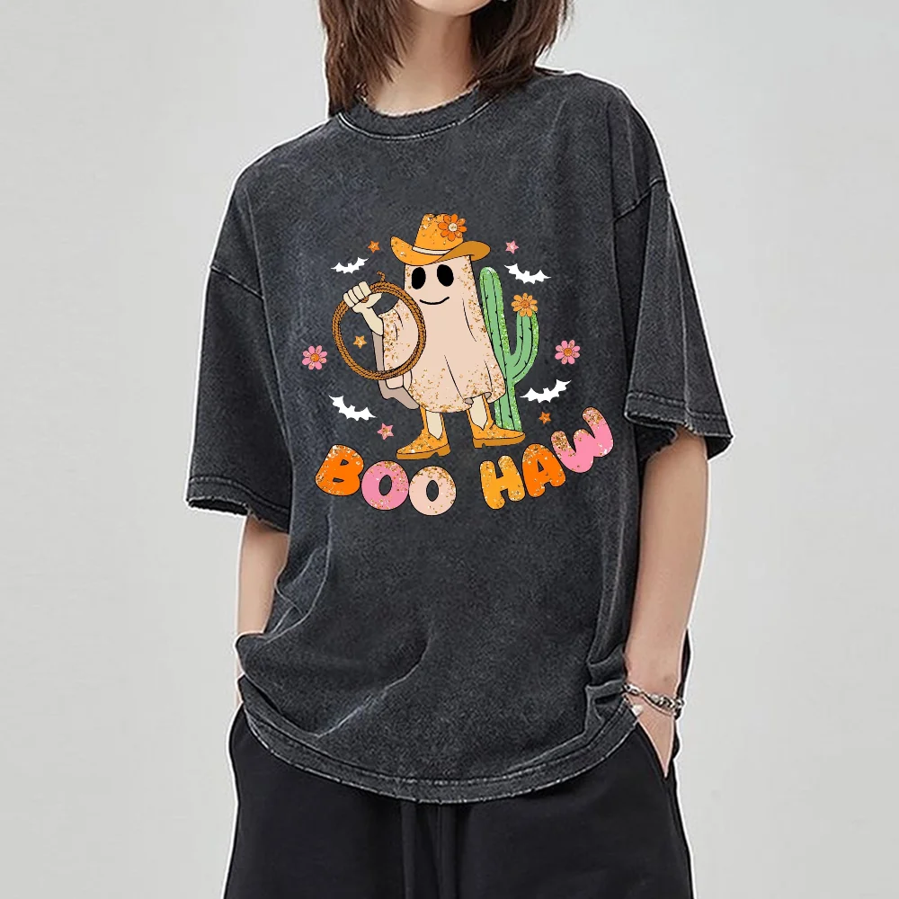 Funny Cartoon Ghost Print Women's Summer T-Shirt Black Unisex Feng Shui Wash Denim Cotton Loose Short Sleeve Student Design Top