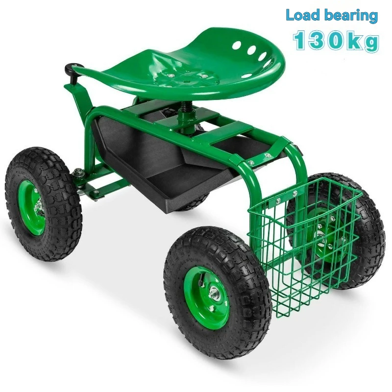 Movable Garden Seat Cart with 360 Degree Rotating Seats And Tool Trays for Garden Greenhouses Lawns