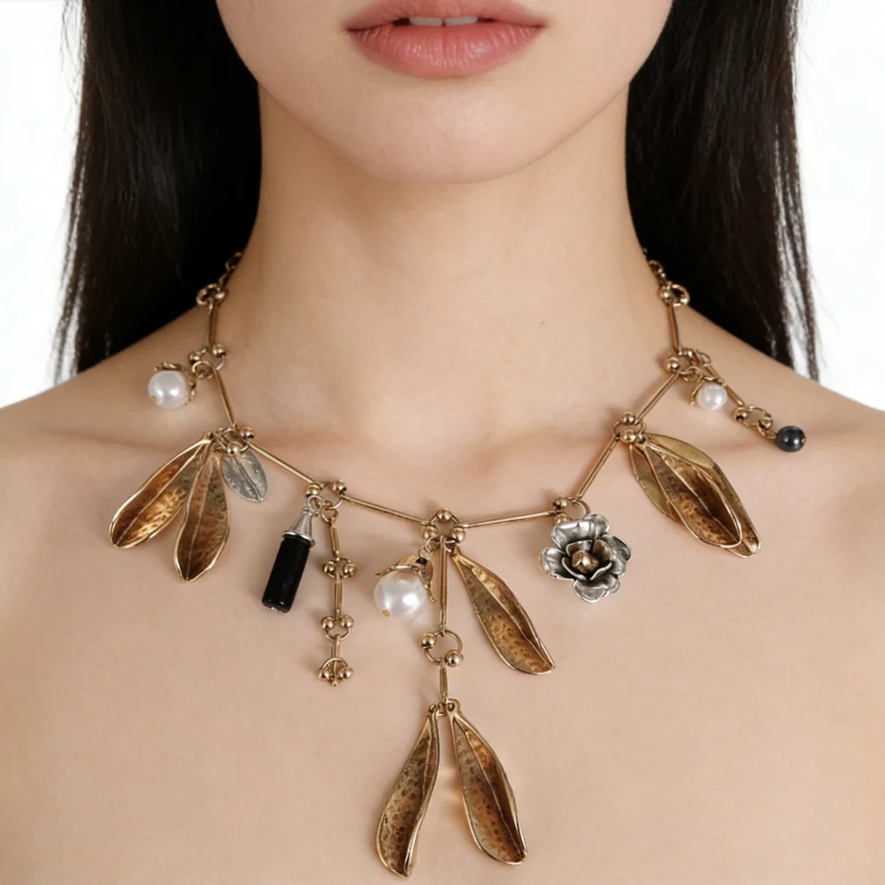 2026 New Imitation Pearl Leaf Multi Pendants Necklace Women Boho Indian Ethnic Vintage Statement Metal Links Necklace Jewelry