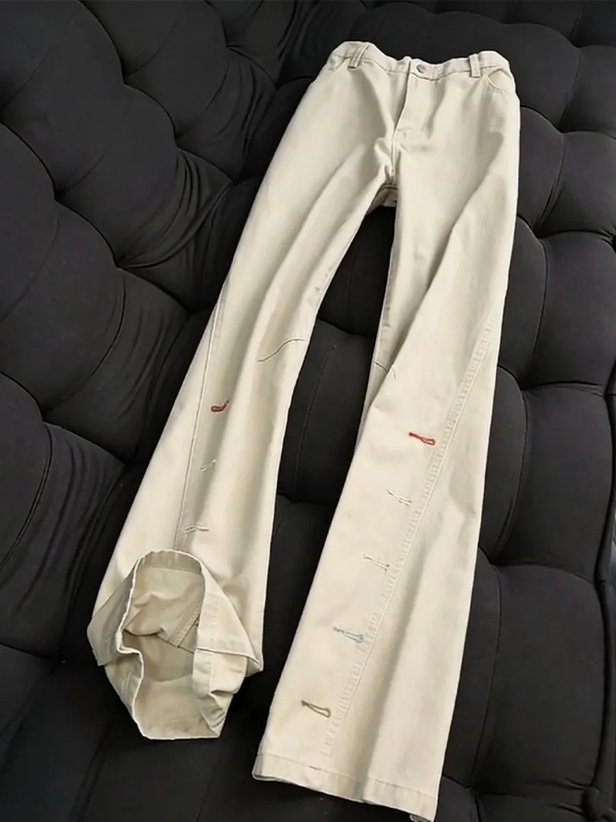 

American High Street Men's Embroidered Flared Jeans Spring Autumn Vintage Knife Long Pants Button Detail