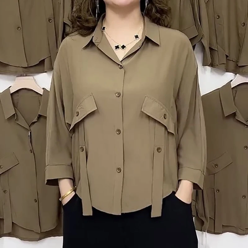 

Женская рубашка больших размеров с длинным рукавом, свободного кроя, верхняя одежда, весна-лето, новая модель, корейская версия, с воротником на пуговицах