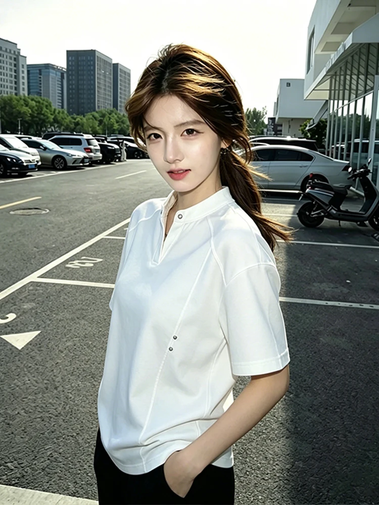 White Rivet Splicing V-neck Short Sleeve T-shirt Unisex Boxy Deconstructed Shoulder High Fashion Casual Summer Top