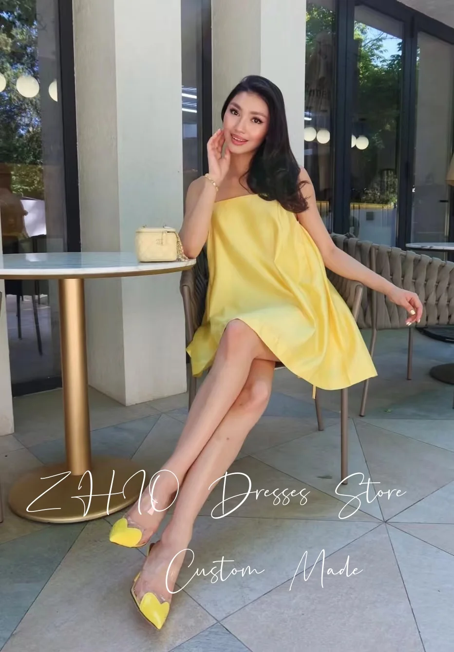 ZHIO Elegant Yellow 3D Flowers Spaghetti Strap Birthday Party Dress A-Line Satin Draped Special Occasion Short Dresses Custom