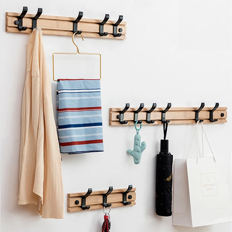 

Bamboo Wall Hooks Hanger Bedroom Living Room Bathroom Hallway Coat and Hat Rack Sliding Hook for Hanging Clothes Bags Key Holder