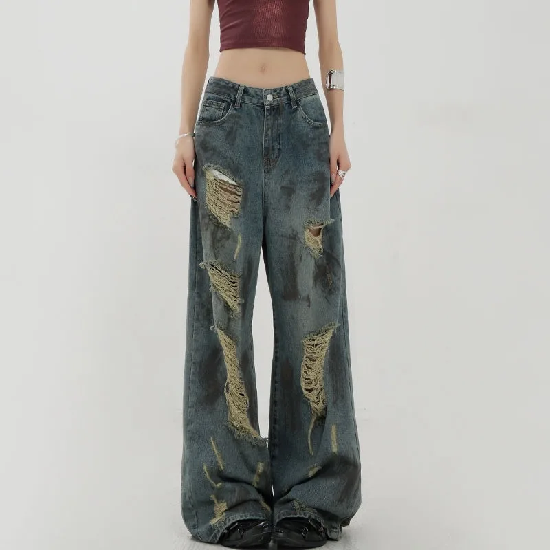 

Deeptown Y2k Vintage Ripped Jeans Oversize Baggy Streetwear Denim Pants Coquette Korean Style Wide Leg Trousers Harajuku Fashion