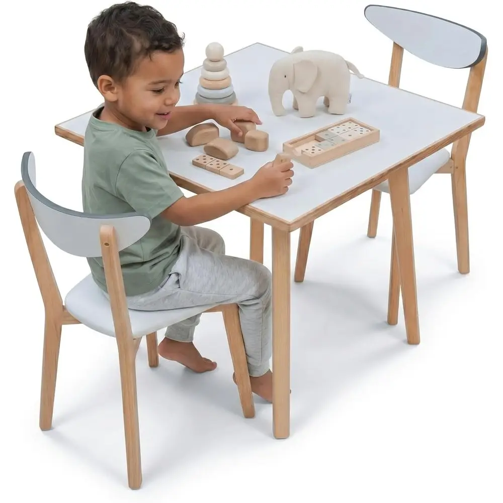 

Kids Table and Chairs Set o 3, Solid ch Wood Legs, Century ern, Curve Back Chairs, 12" Height aux Leather oam Cushion Seats, Eas