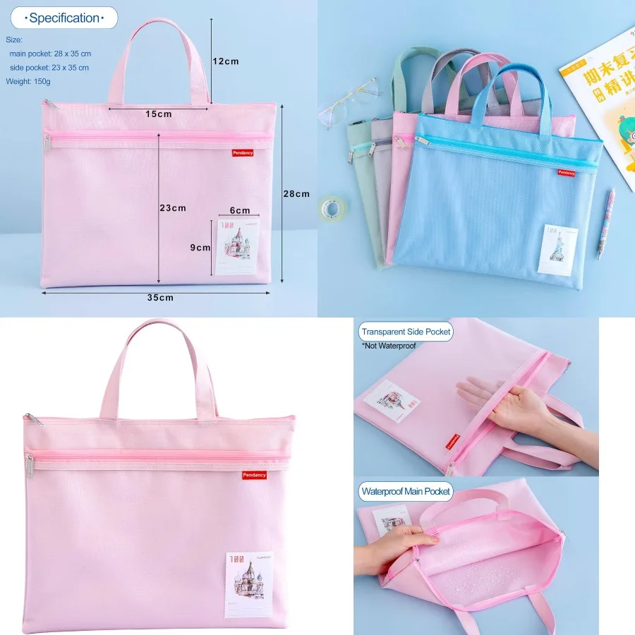 Pendancy Mesh Zipper Pouch 11x13.7 in Large Double Pocket Waterproof File Bag with Handle A4 Size Foldable Document Storage for