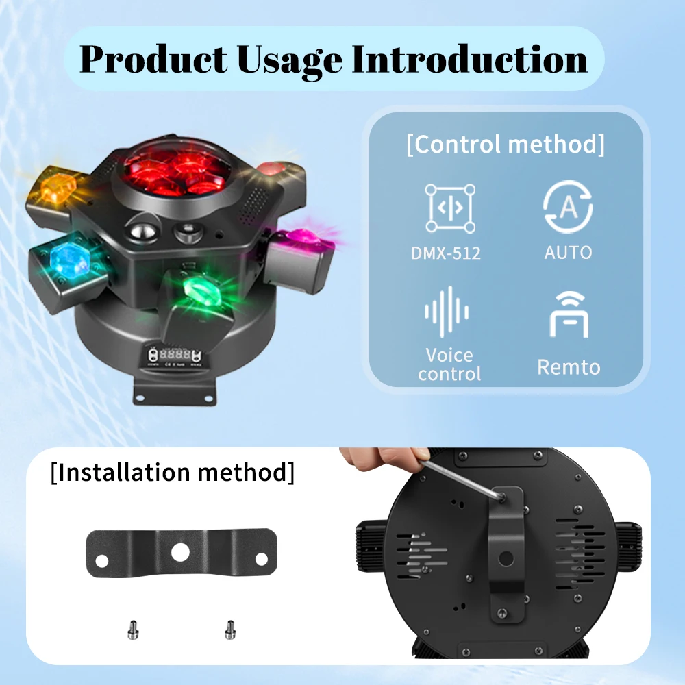 150W Bee Eye Disco Lights RGBW Adjustable Speed Strobe 6 Arm Moving Head Stage Light Effect DMX&Remote for DJ Bar Dance Party