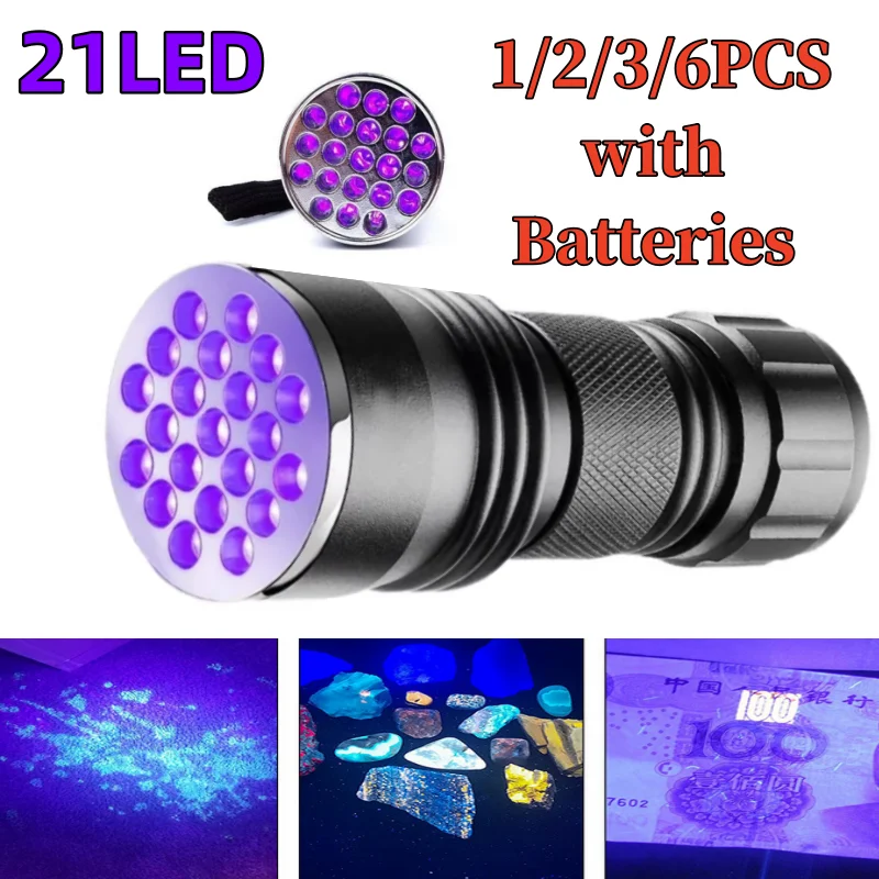 

1/2/3/6Pcs 21 LED UV Flashlights 395NM Ultraviolet Torch with AAA Batteries Blacklight Detector for Dog Urine Pet Stain Bed Bug