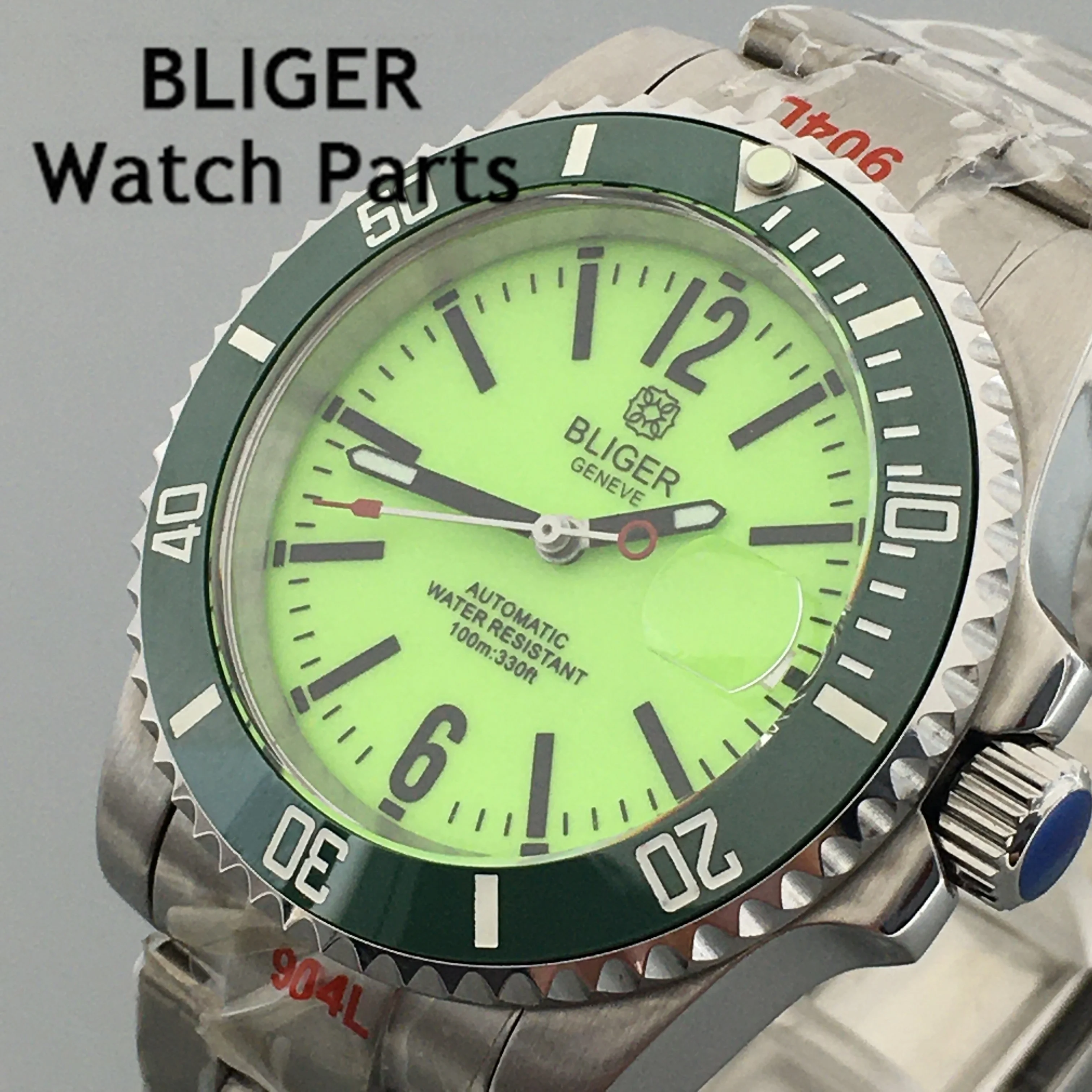 BLIGER 40mm Men\'s Watch NH35A Automatic Movement Mechanical Wristwatch  Case Fluorescent Green White Dial Bezel Full Luminous