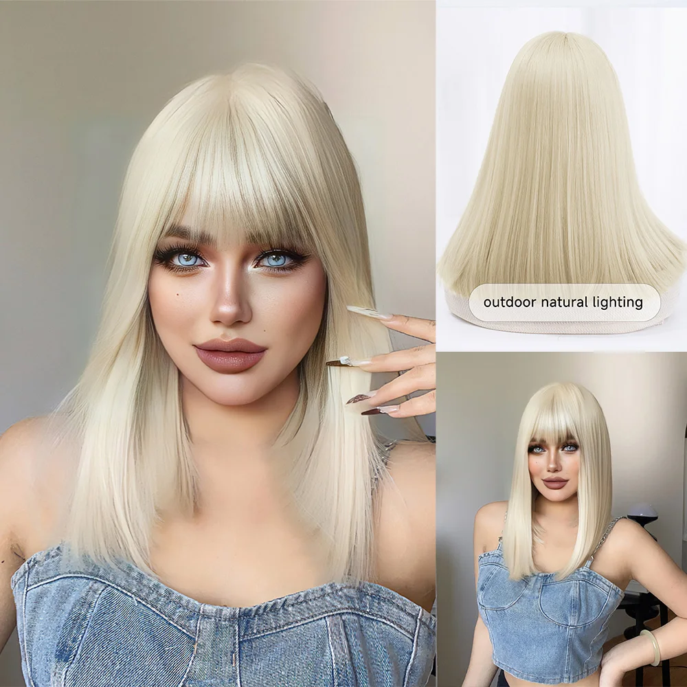 

18Inch White Blonde Synthetic Wigs With Bang Medium Natural Straight Hair Wig For Women Daily Use Cosplay Party Heat Resistant