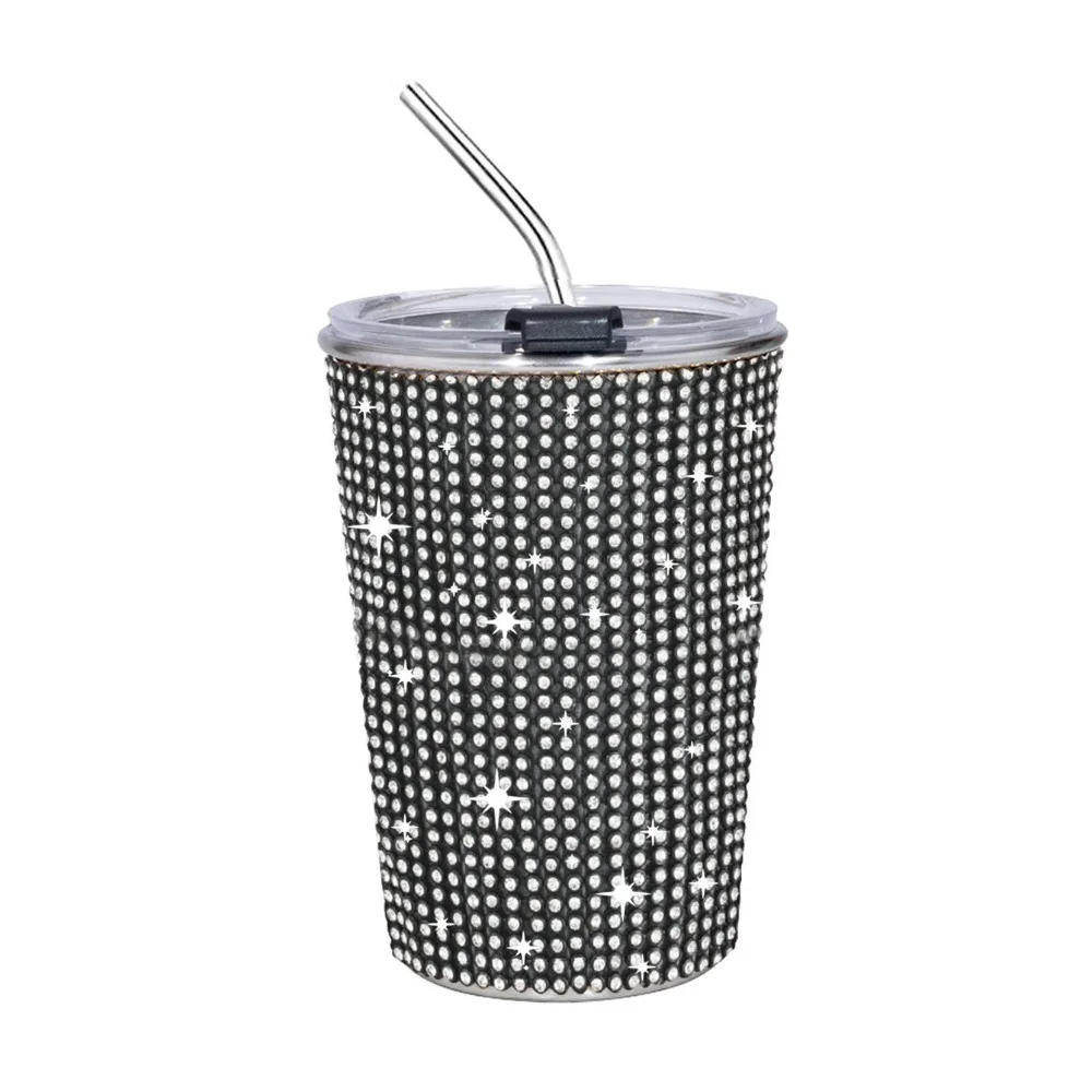 Durable 500ml Rhinestone Water Cup Bling Reusable Glitter Coffee Mug Unbreakable with Lid Straw Creative Straw Cup Office