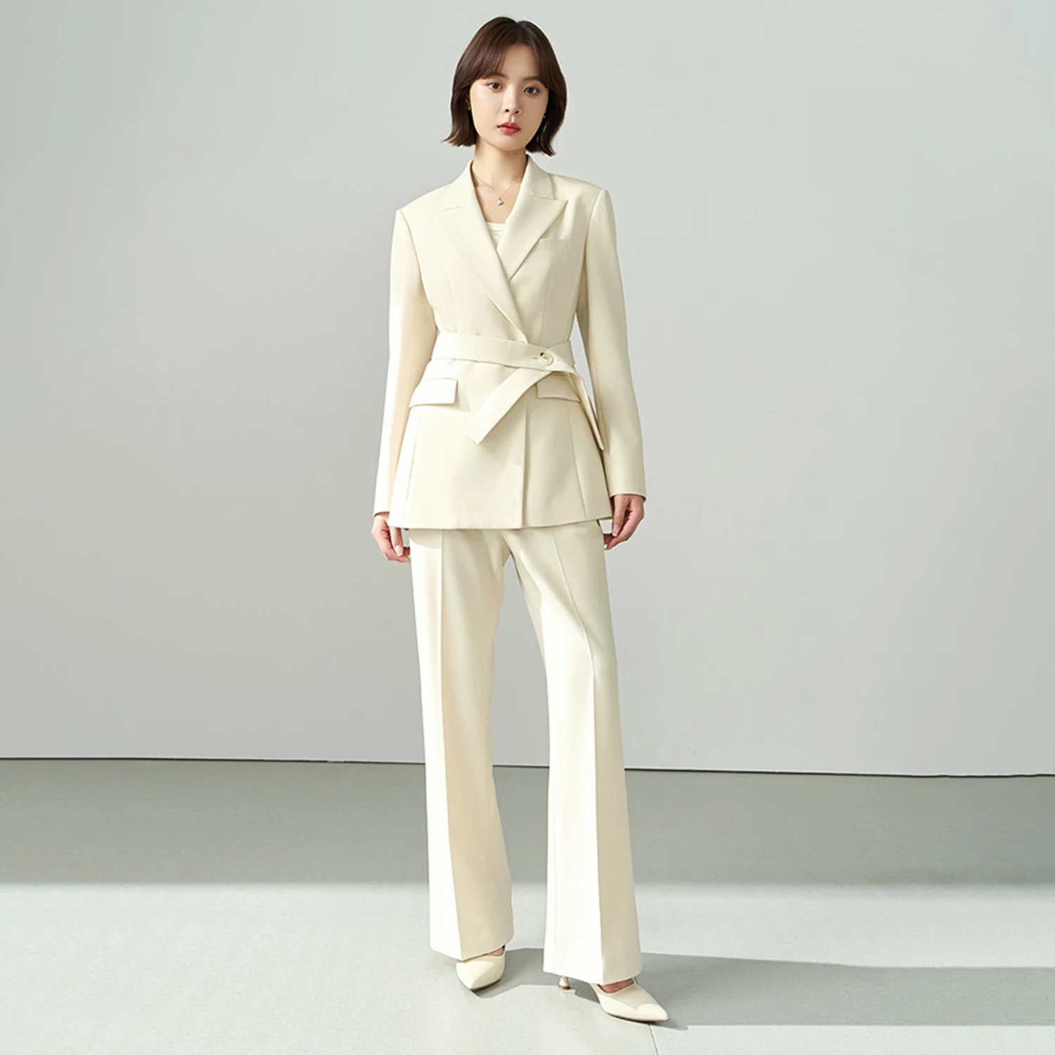 Allingentle Ivory Women's 2 Piece Set Fashion Women Pantsuit with Belt Set for Office Outfits Customize
