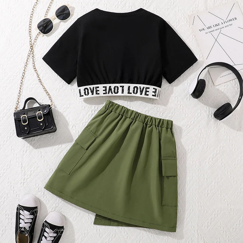 Girls 8-12 casual two-piece set, cropped letter tee & army green cargo skirt, stylish breathable for daily school wear