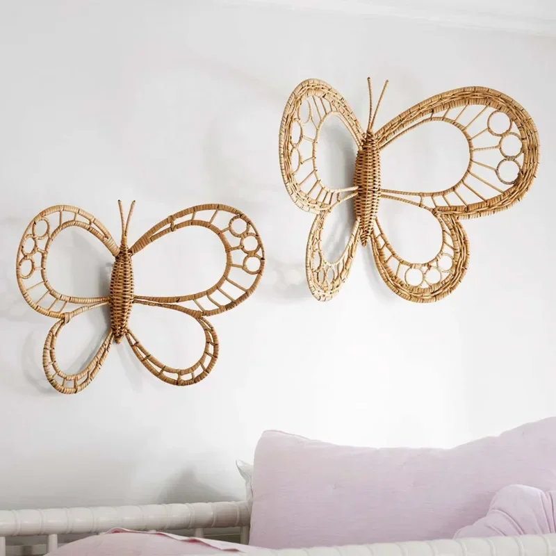 Nordic Style Wall Stickers Natural Rattan Weaving Hanging Ornaments Handmade Butterfly Crafts Versatile Scene Home Decoration