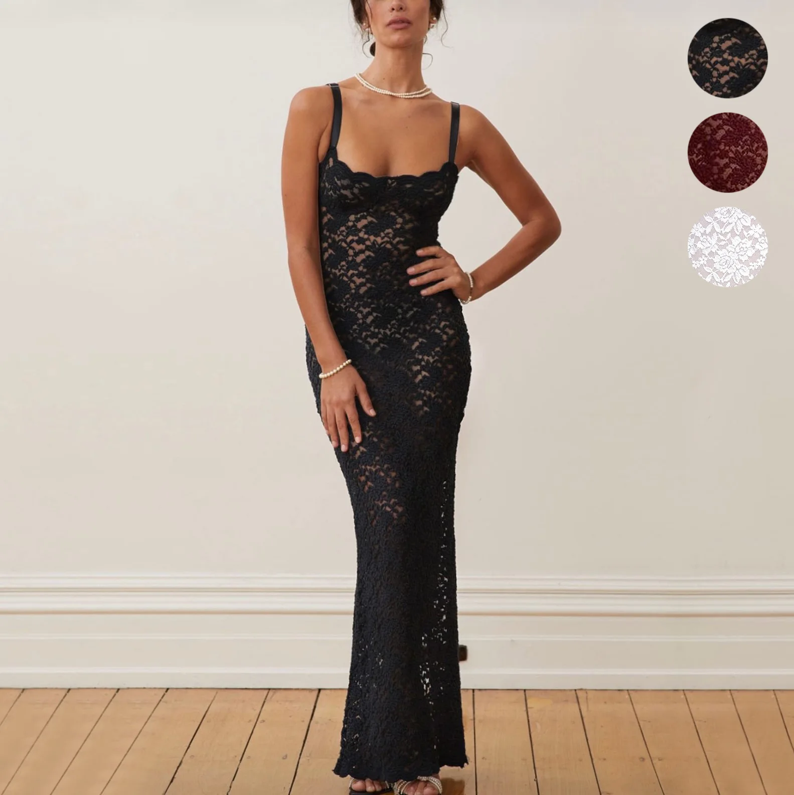 Summer new cross-border women's fashion line-neck sexy see-through lace slim dress dress