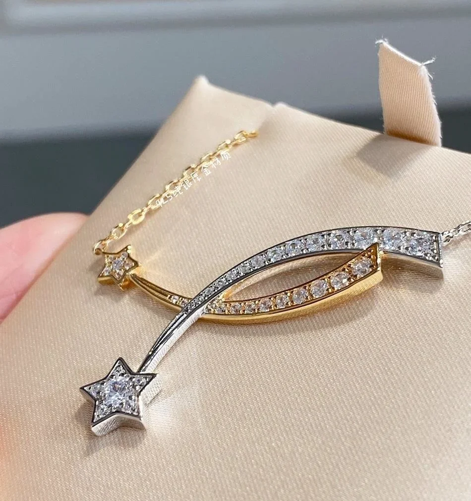 

New 2023 Trend Top Quality Pure 925 Sliver Famous Brand Gifts Jewelry Necklace For Women Rose Gold Zircon 2 Stars Comet Pendant