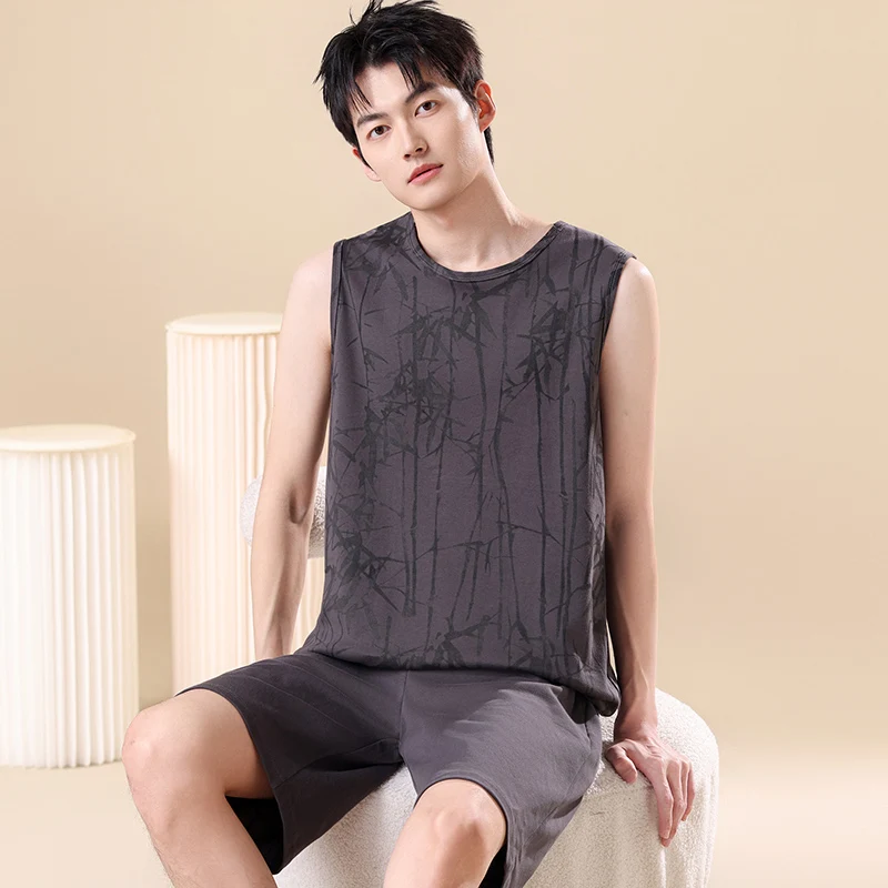 Men's Pajamas Summer Sleeveless Vest Sleepwear Cotton Print O-neck Pyjamas Male Lounge Pajama Sets Big Yards 4XL Pijamas Hombre