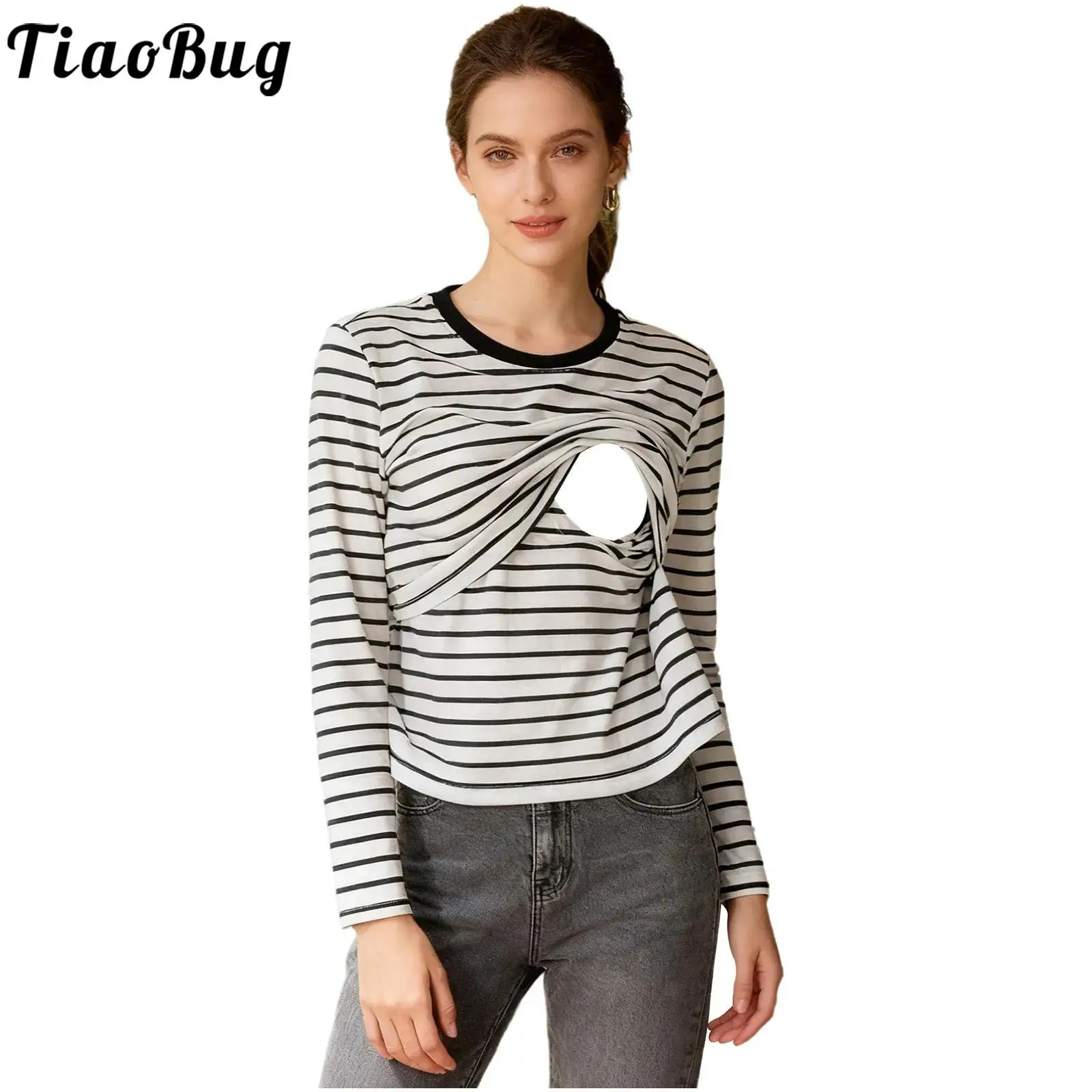 

Футболки для беременных и кормящих мам, топы, повседневные хлопковые полосатые футболки с длинными рукавами для кормления грудью, топ для беременных, послеродовой топ, повседневная одежда