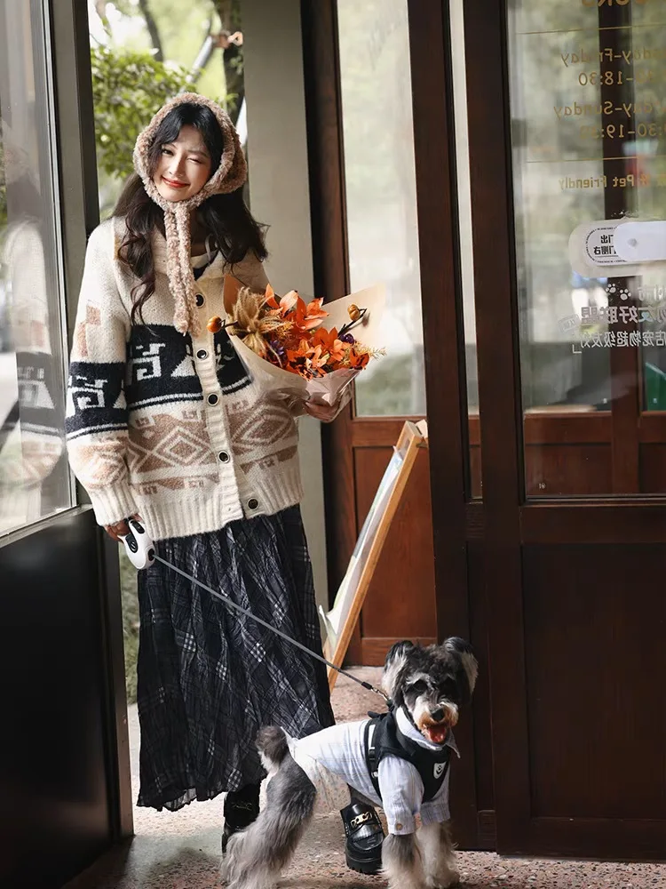 

Korobov Winter Vintage Fel Island Pattern Turtleneck Single Breasted Casual Loose Sweater Women Jumpers