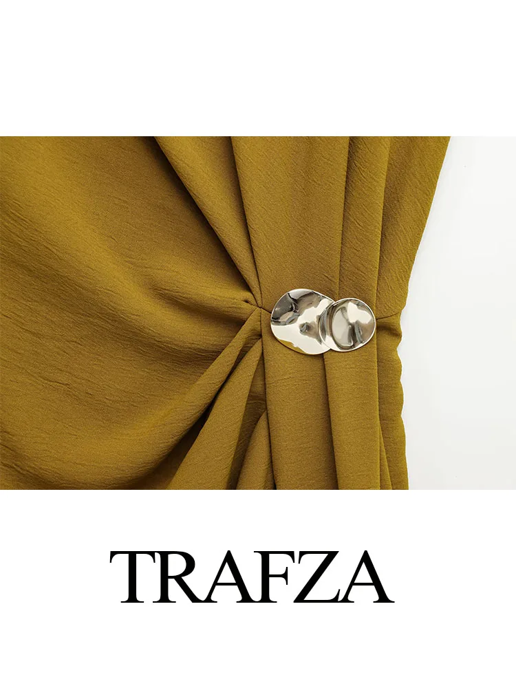 Trafza feminino 2025 moda plissado decorativo em torno do pescoço sem mangas midi vestido feminino elegante com zíper bainha fenda magro vestido longo