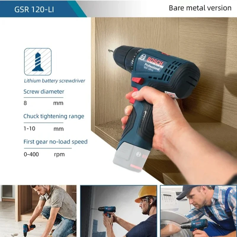 Bosch GSR120-LI 12V Drill, High-Efficiency Motor, Ideal for Furniture Assembly, Wood Drilling & Metal Screwing