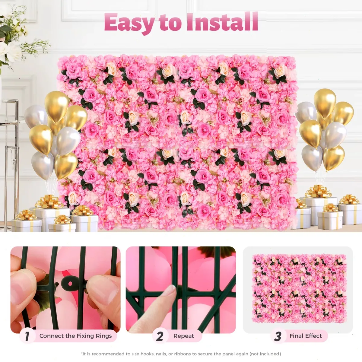 12 Pack Fake Plant Wall Set, Artificial Flower, Flower Wall Panel,  Deep Pink Dahlia Rose Mixed Greenery, 3D Realistic Silk, Non-Fading, Durable Decor, Party Backdrop, Home Wedding Event, Indoor Outdoor Floral Arrangement