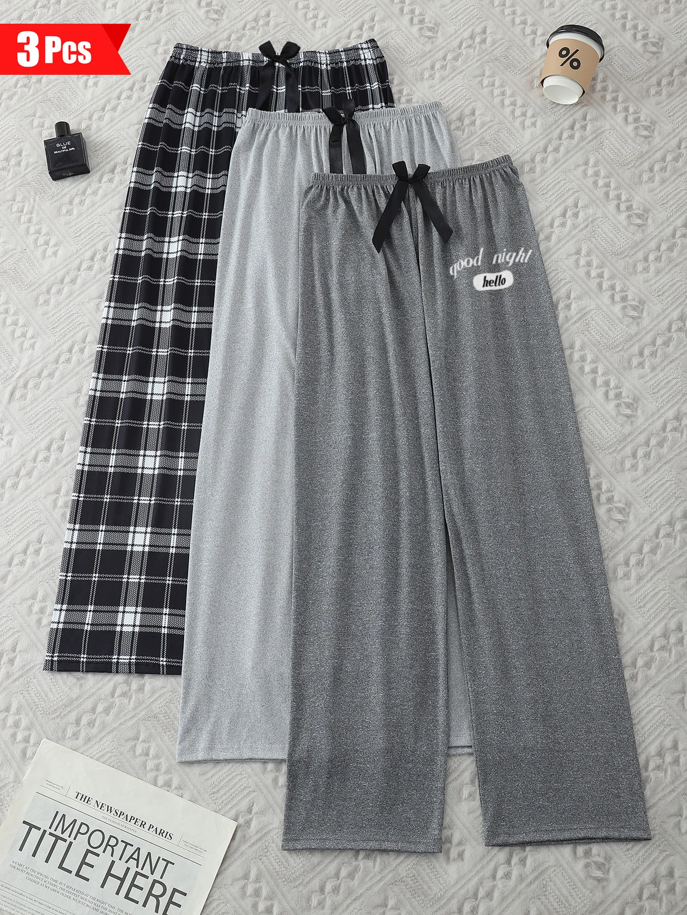 3 PCS elastic waist dark grey pajama pants Light grey pajama pants plaid pajama pants for women set is skin-friendly  and comfor