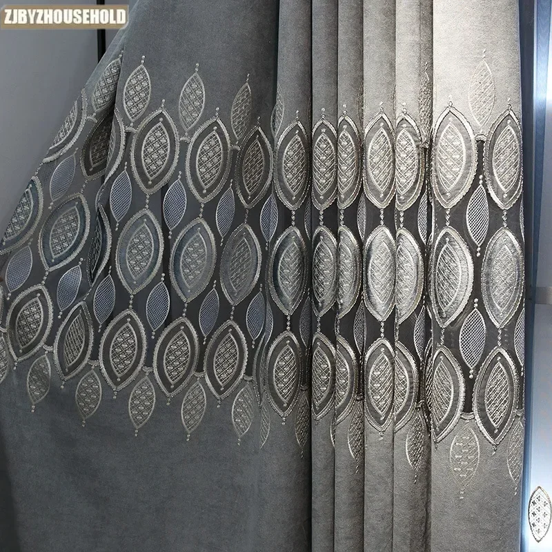 

Modern European Curtains Living Room Bedroom Light Luxury High-grade Hollow Out High Shading Embroidery Grey Simple Tulle