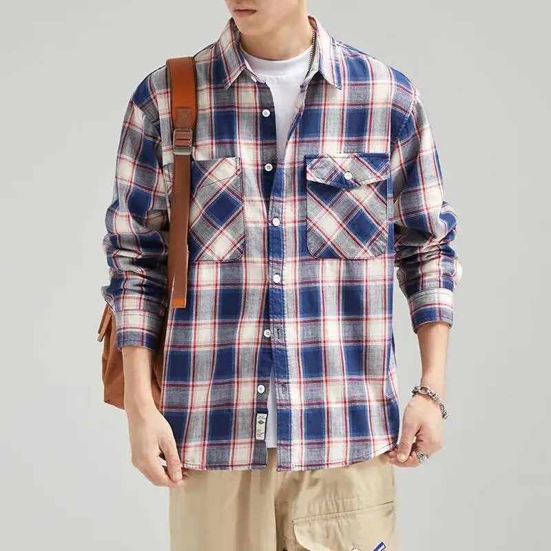 

Men's Long Sleeve Casual Plaid Work Shirt With Chest Pocket Autumn Cotton Regular-fit Button-down Collar Cargo Shirt Jacket