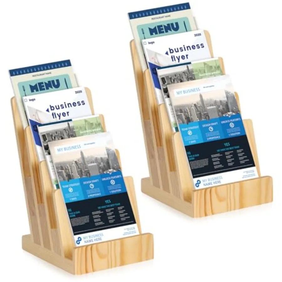 

2 Pack 4 Tier Pine Wood Brochure Holder Stand 6 x 9 inch Literature Holder Flyer holder for 5.5 x 8.5 inch 5 x 7 inch Booklets