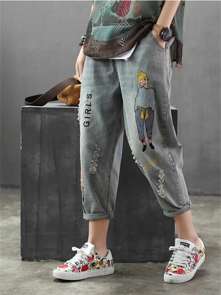 6859 New Fashion Korea Style Vintage Hole Girl Embroidery Ankle-length Denim Jeans Female Casual Loose Harem Pant Trousers Cloth