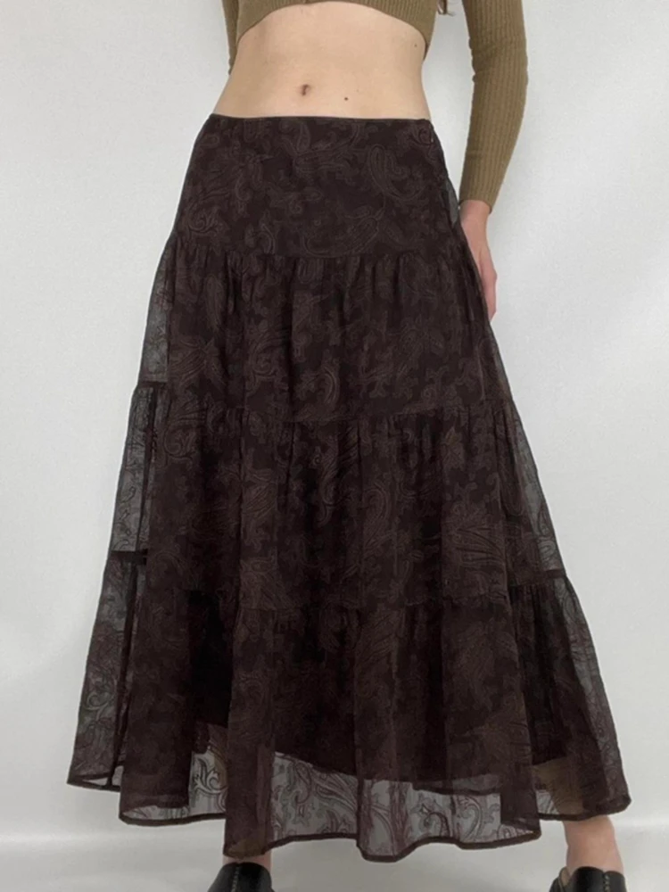 

Korobov Vintage Retro Summer Flower Floral Print Paisley Gauze Jacquard LONG Slim A-Line Skirt