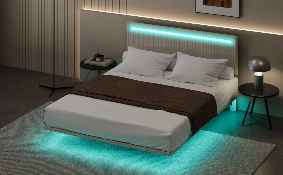Modern Upholstered Floating Bed Frame with LED Lights, Vertical Channel Design Velvet Fabric Bed, No Box Spring Needed