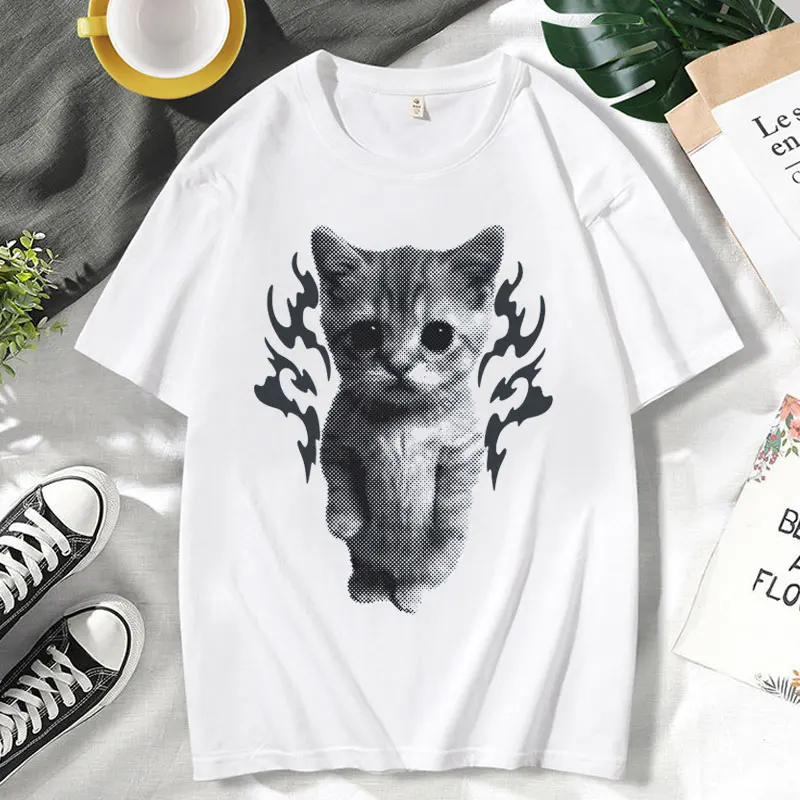 Y2K Goofy Cat Забавная футболка с мемами Мужская и женская футболка 9Os в винтажном стиле с короткими рукавами Модная уличная одежда Футболки большого размера Mlae