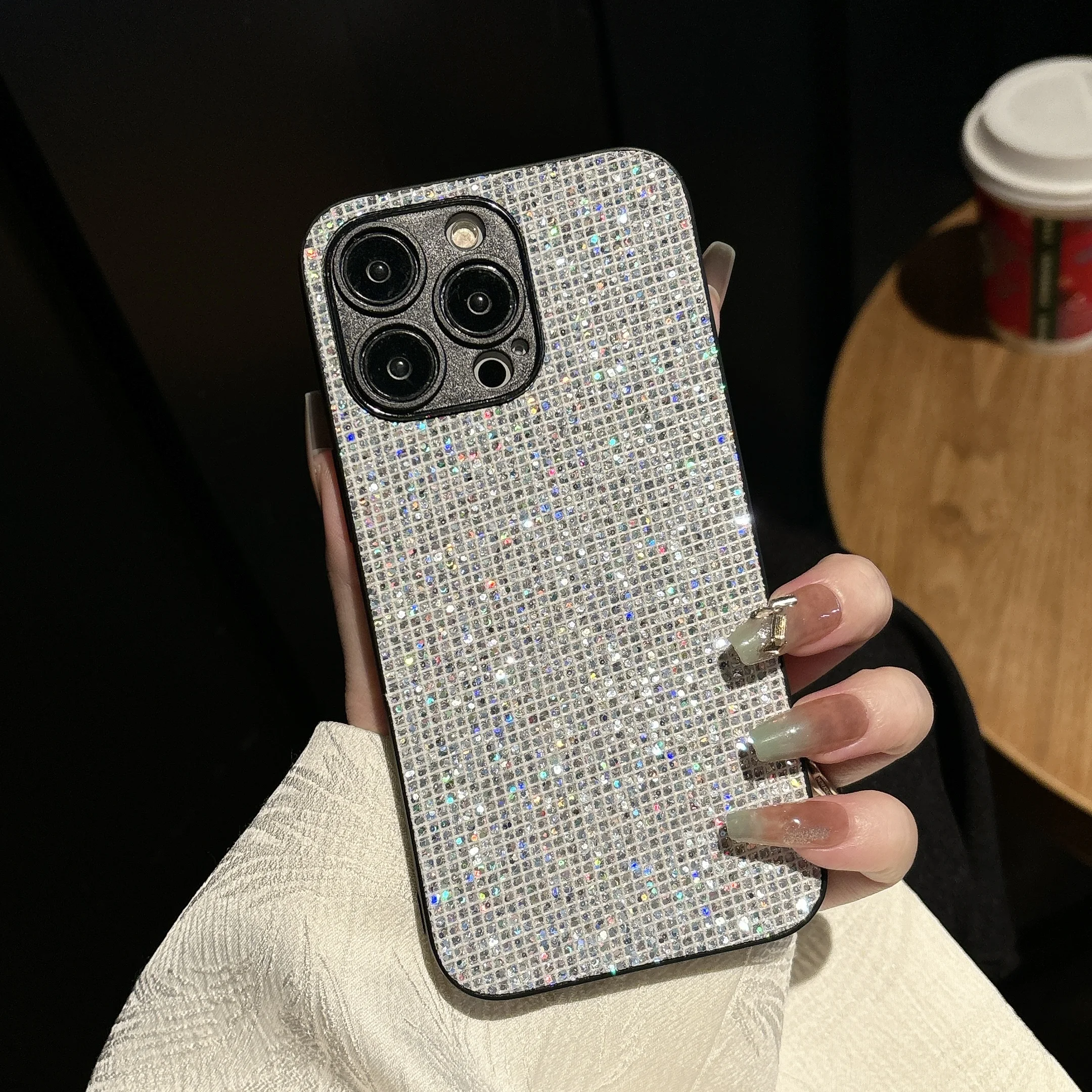 Luxuriöse Glitzer-Pailletten-Gittermuster Weiche Handyhülle für iPhone 16 15 14 13 12 11 Pro Max 16E X XS Plus Stoßfeste Schutzhülle – Detail 7