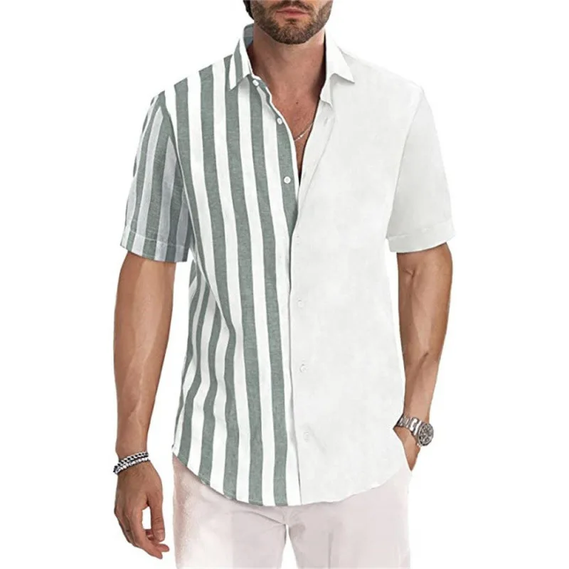 2024Summer Shirt Amazon New Men's Short Sleeve Half Stripe Print Turn-down Collar Shirt Source