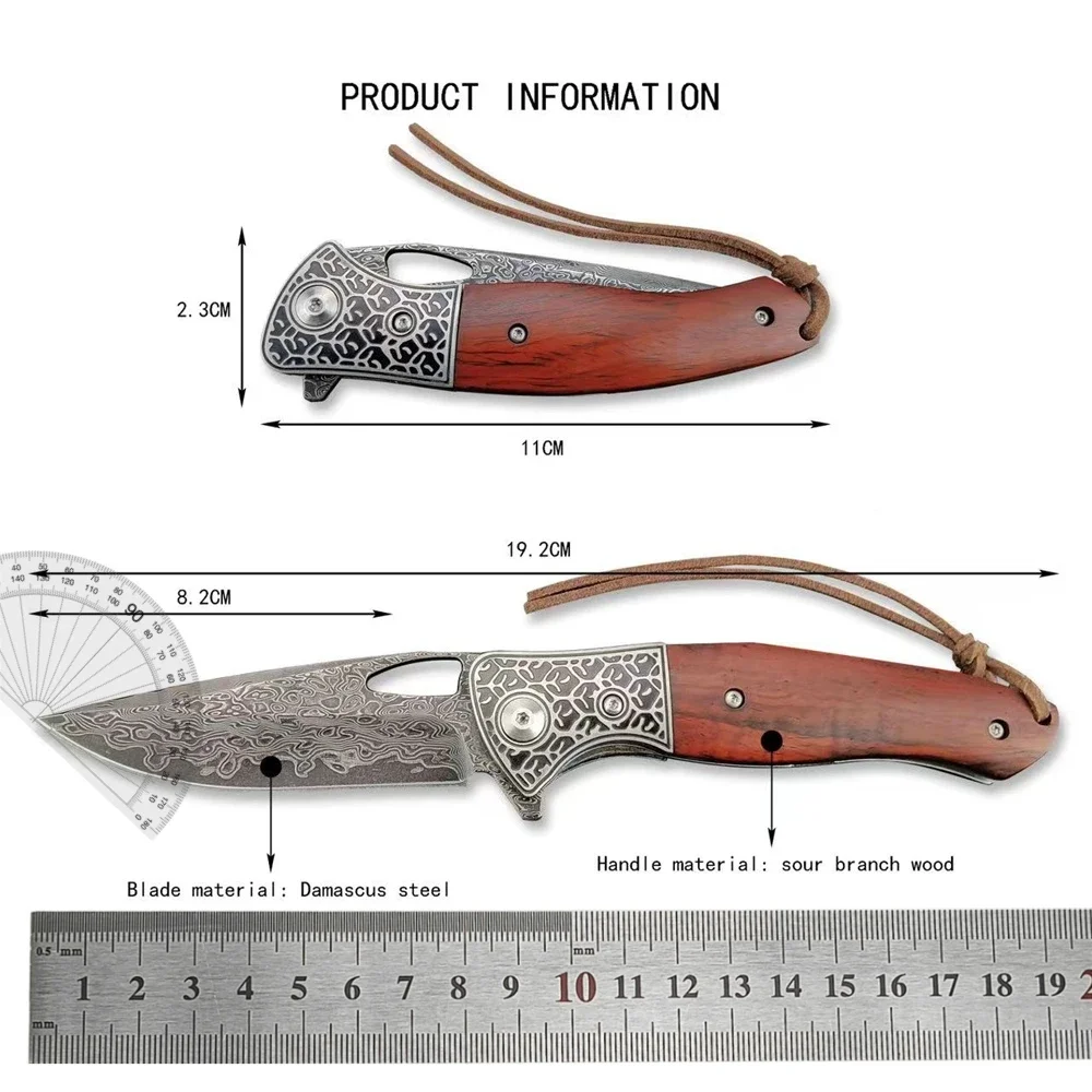 Folding Pocket Knife Damascus Steel Blade Cedarwood Handle with Leather Sheath Outdoor EDC Survival Camping Tool