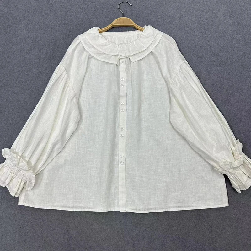 Johnature Japanese Vintage Linen Double Collar Petal Sleeve Shirt Women 2024 Spring New Loose Casual Solid Color Shirts