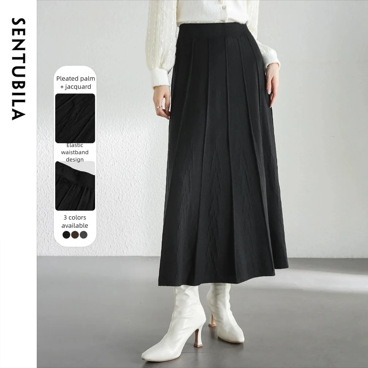 SENTUBILA 여성용 솔리드 A라인 스커트 2025 가을 겨울 캐주얼 우아한 자카드 스커트 니트 미디 플리츠 스커트 W44Q56670