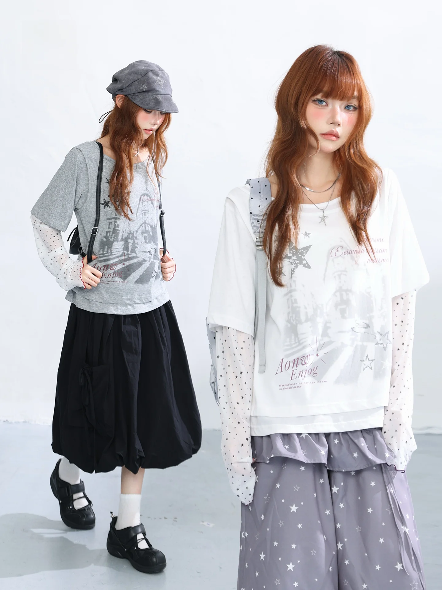 AONW Women's Long Sleeve T-Shirt Casual Style Loose Fit Breathable Skin-Friendly Polyester Blend Patchwork Design Star Sleeve