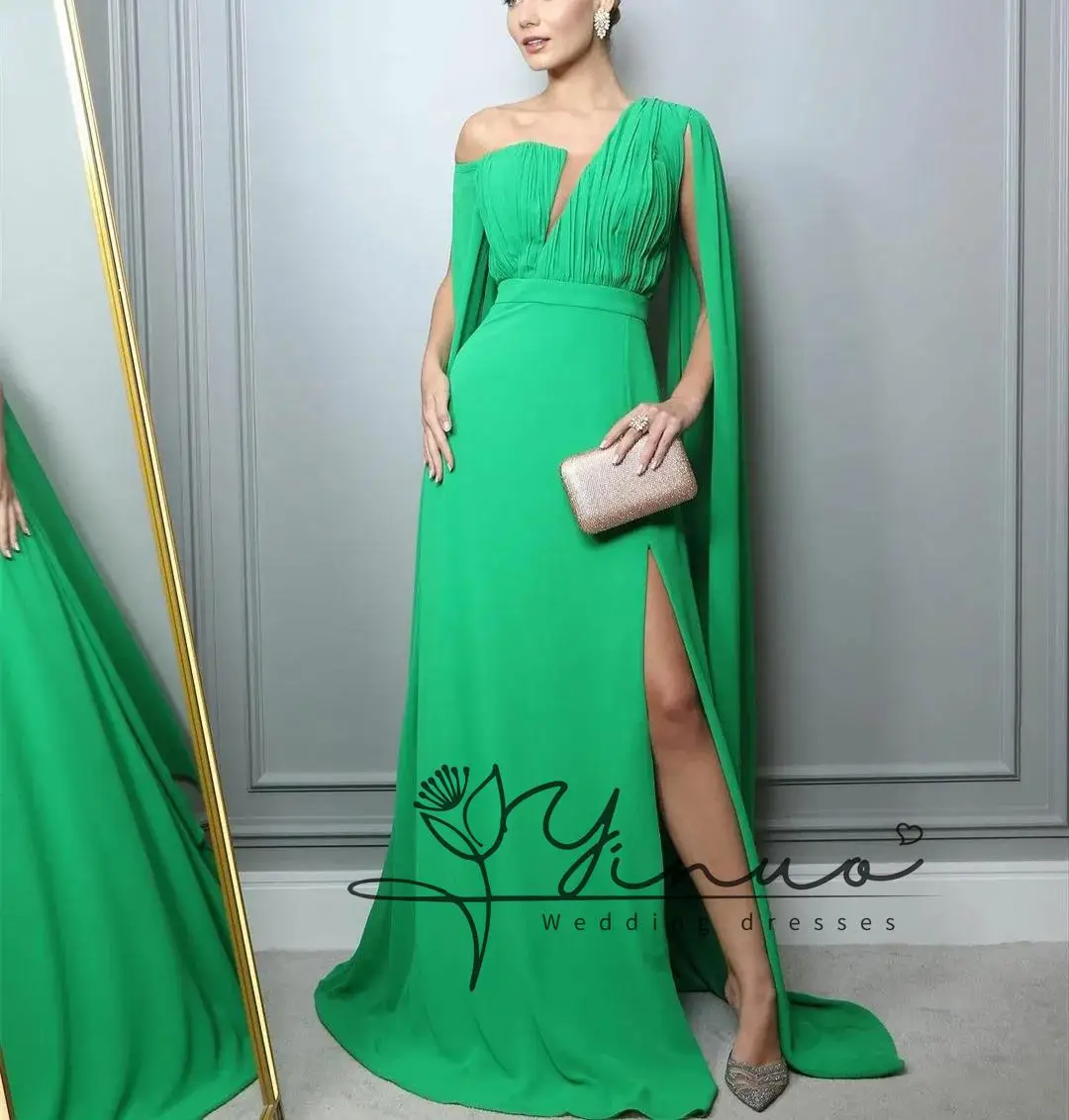 Long Green One Shoulder Pleated Evening Dresses With Slit Sheath Small Train Vestidos de Noche Prom Gowns for Women