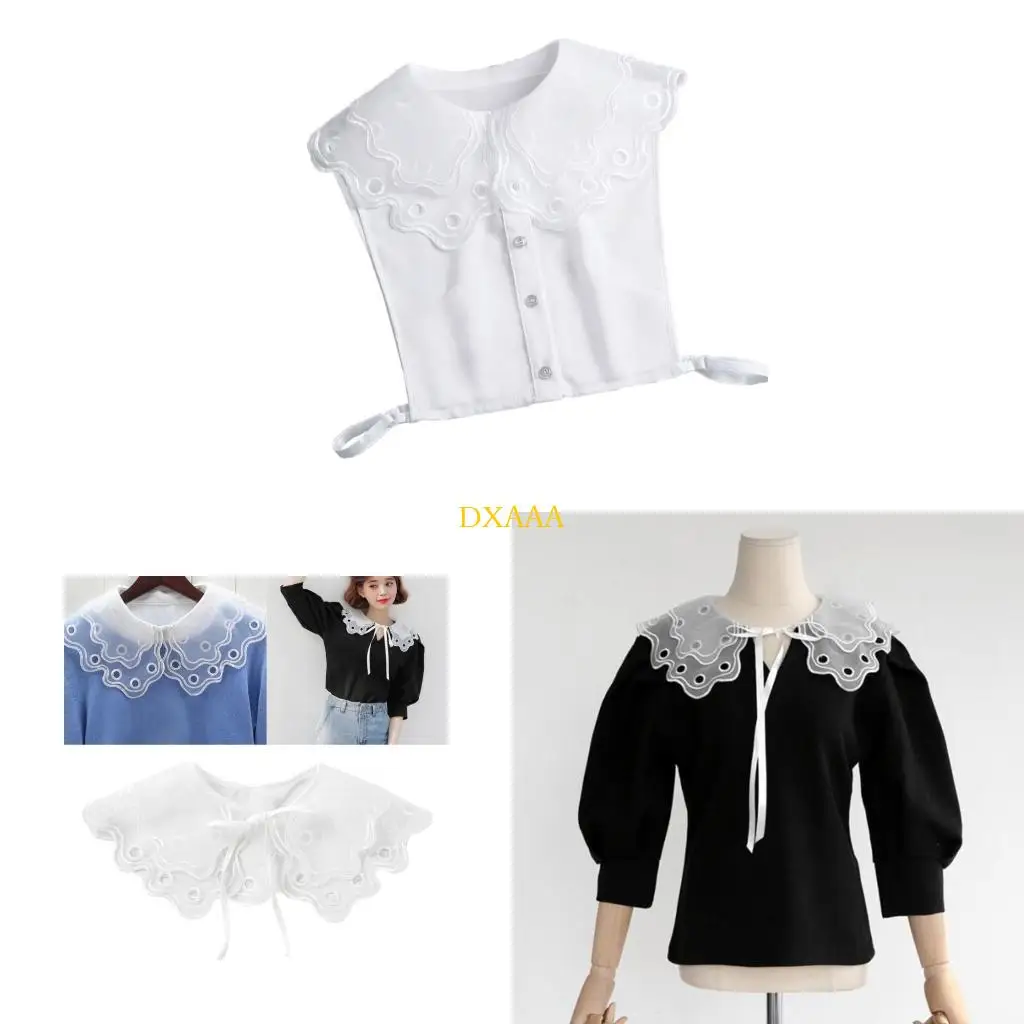 DXAA Unique Charm Shawl Floral Embroidered Shirt Collar Wrist Cuffs Sleeve Summer Wardrobe Essential Elegant