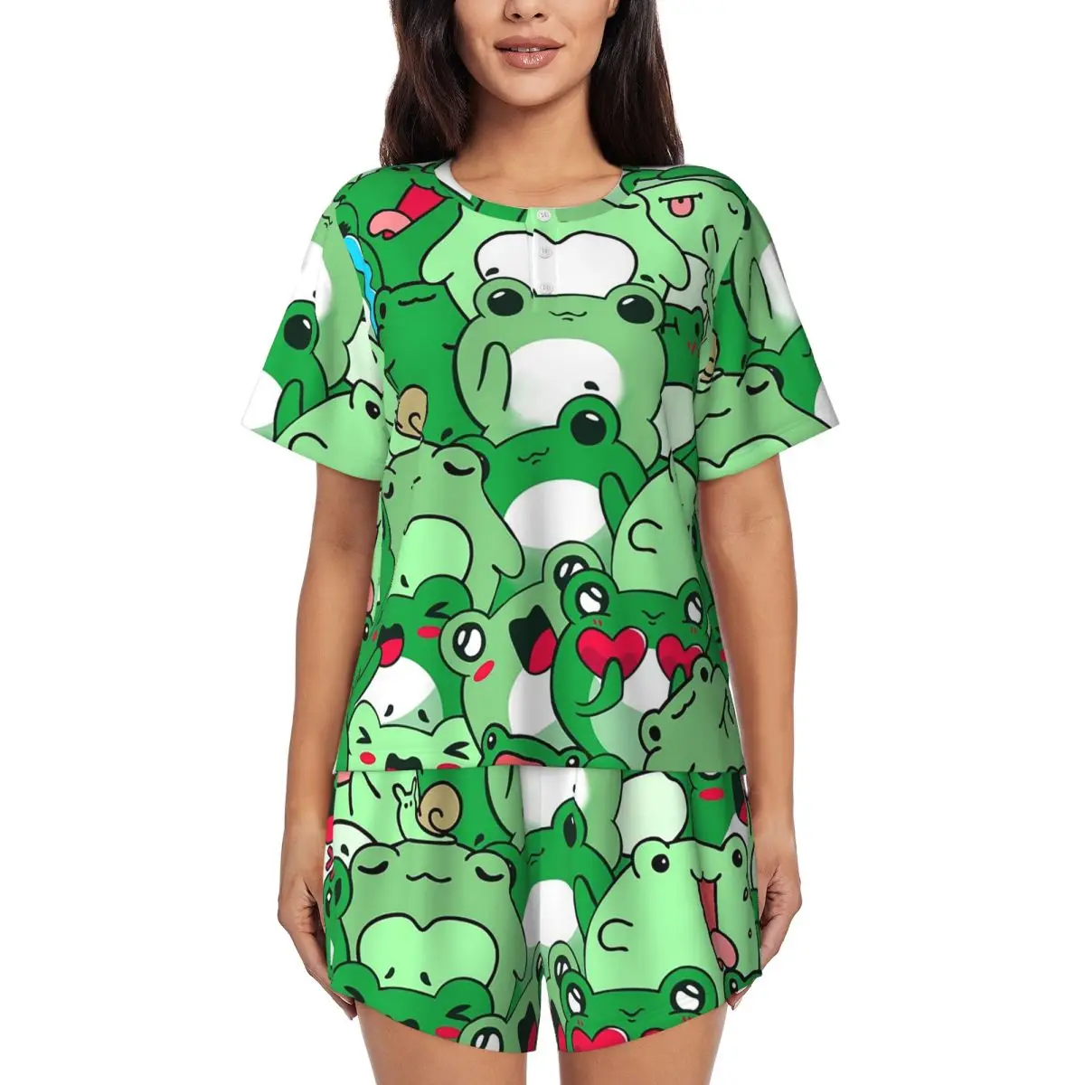 

Crowded Cute Frog Pattern Round Neck Short Sleeves Nightdress for Sleeping Sleepshirts Women Soft Pajama Set Short Pants