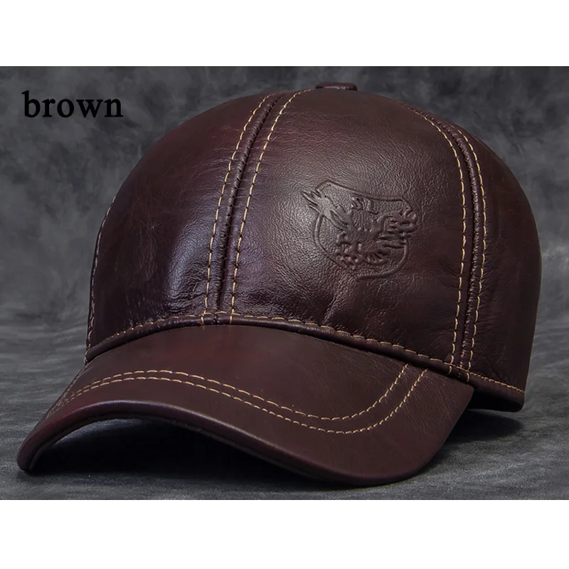 

Fashion Male Genuine Leather 56-60CM Black/Brown Baseball Caps Eagle Print for Man Casual Street Gf Gorras Dad Hat Earmuffs