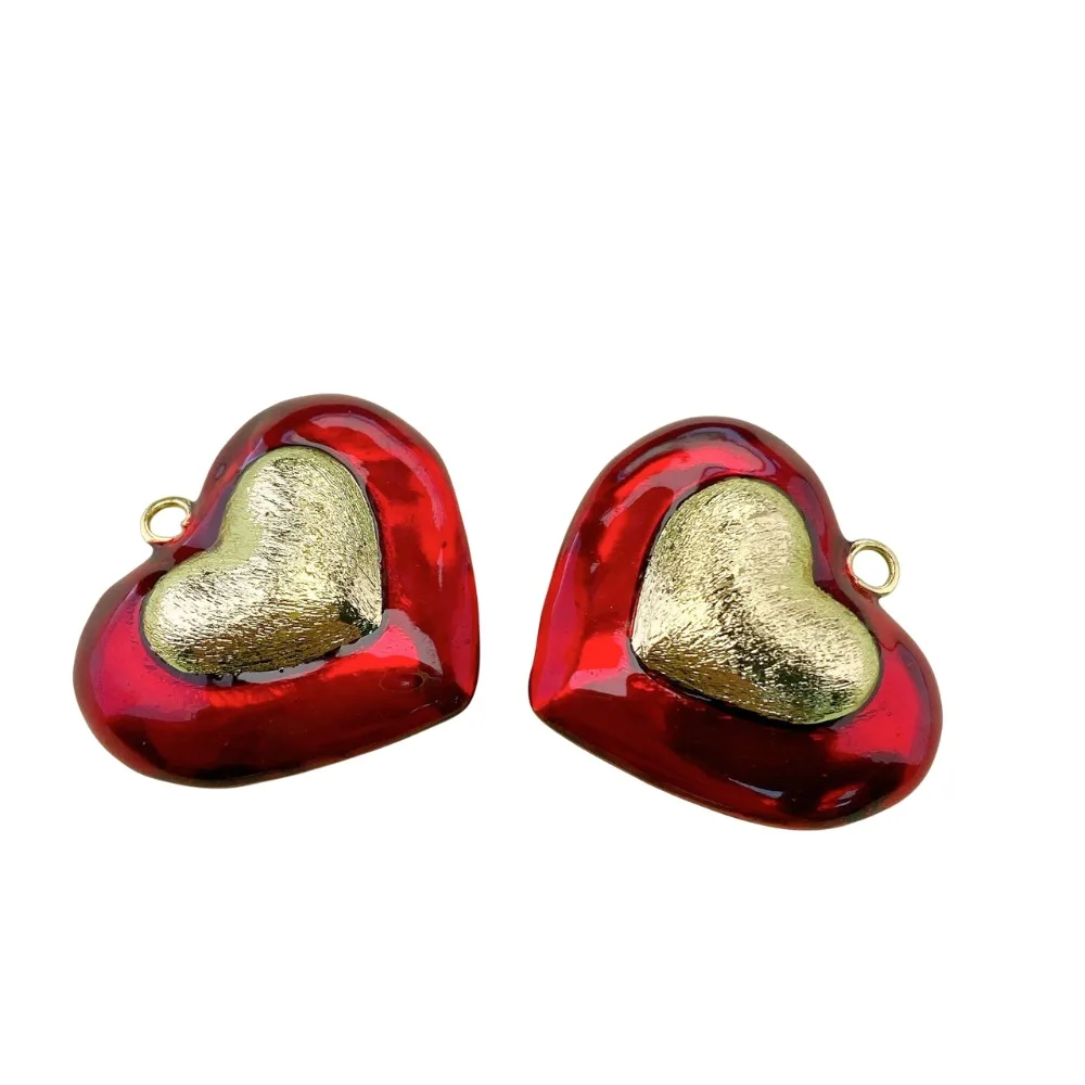 2 Pcs French Large Heart Enamel Pendant for Diy Necklace Making Copper Gold Plated Three Dimensional Charm Jewelry Accessories
